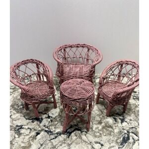 VTG 4 Pc 11.5" Doll/Barbie Wicker Set - Loveseat, Chairs & Table - Pink Mauve